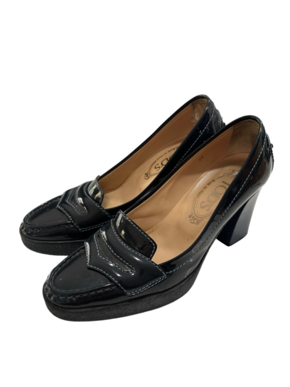 VTG TOD's 90s Jodie Black Patent Leather Heeled Loafers Pumps 36 W/Box 5.5 US - Picture 3 of 9